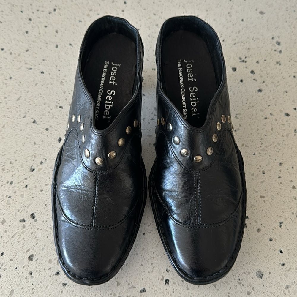 Josef Seibel Women’s Black Leather Western Studs Heels Slip On Mule Clog Size 36 - Picture 2 of 13